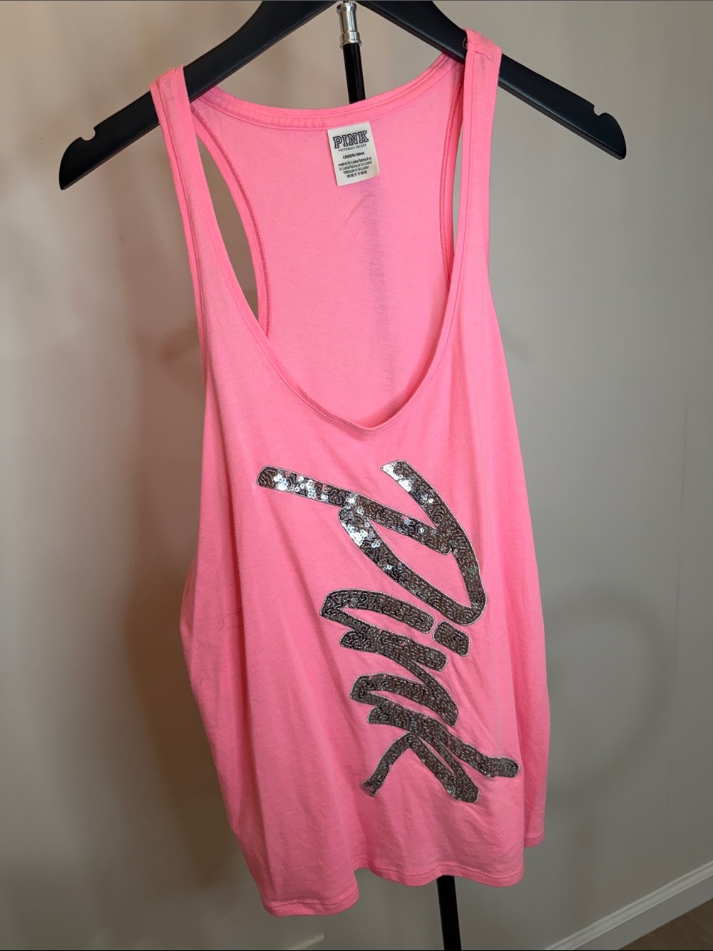 PINK Victoria's Secret Neon Pink Racerback Tank with Silver Sequin Logo
